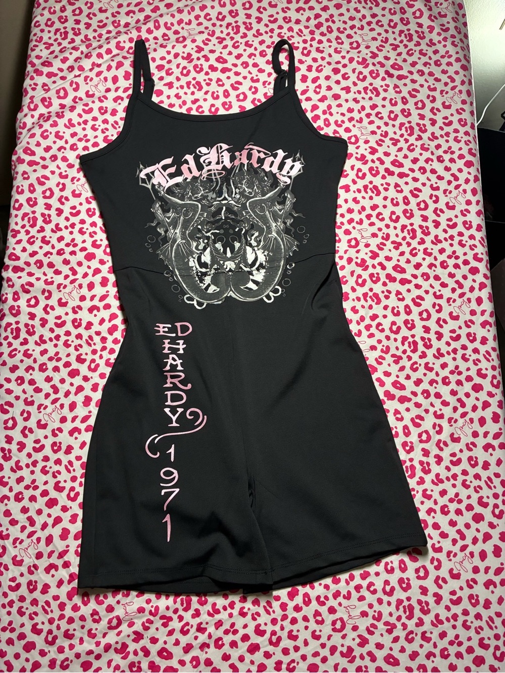 Ed Hardy Black Graphic Logo Spaghetti-Strap Romper with Pink Accents